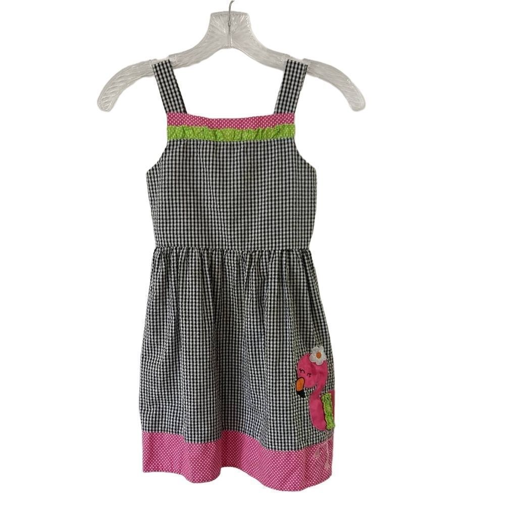 Girls Black and White Seersucker Sub Dress Pink Flamingo Applique